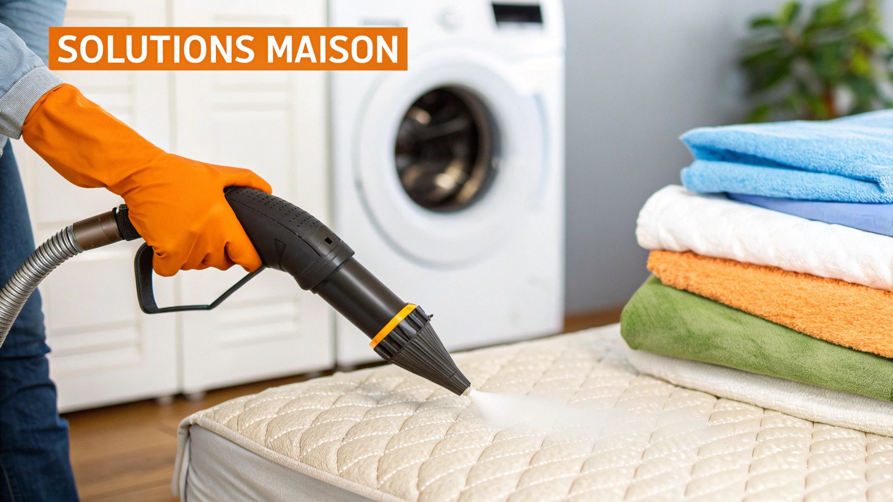 SOLUTIONS MAISON: Une personne nettoie en profondeur un matelas avec un nettoyeur vapeur et des gants orange, près de serviettes.