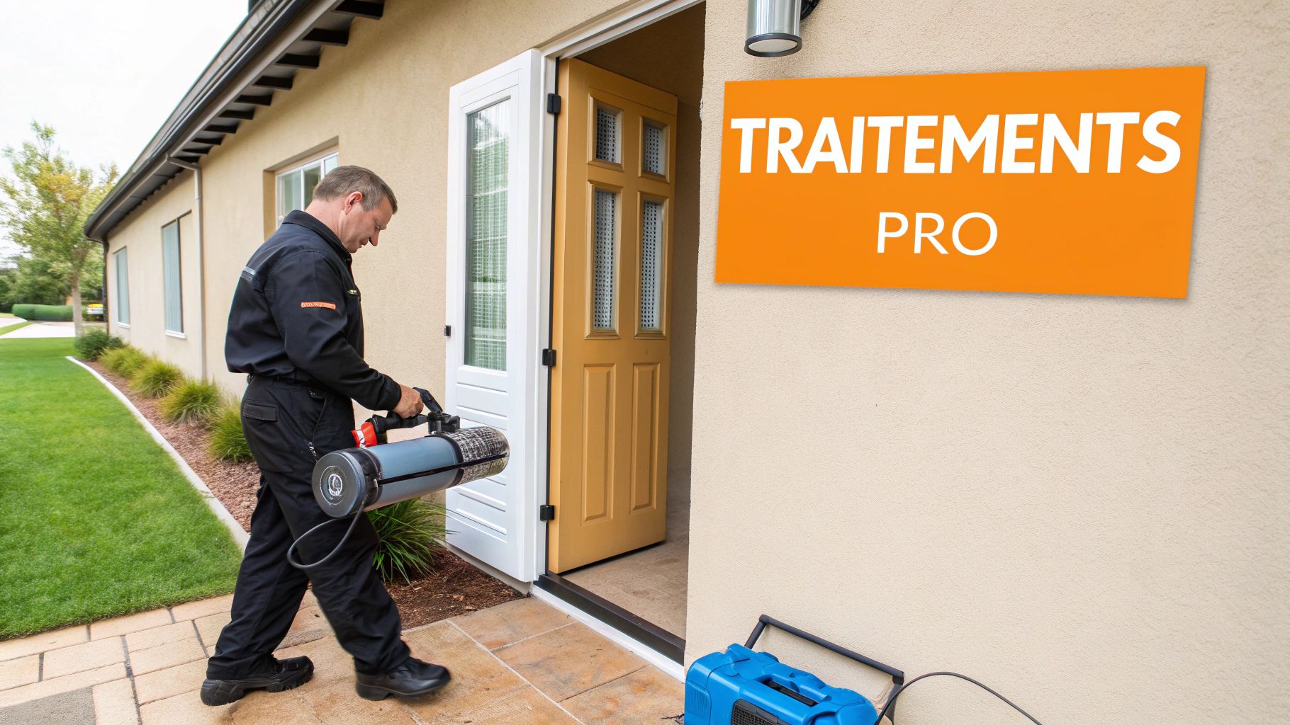 Un professionnel en uniforme apporte du matériel de traitement thermique dans une maison, devant un panneau 'TRAITEMENTS PRO'.