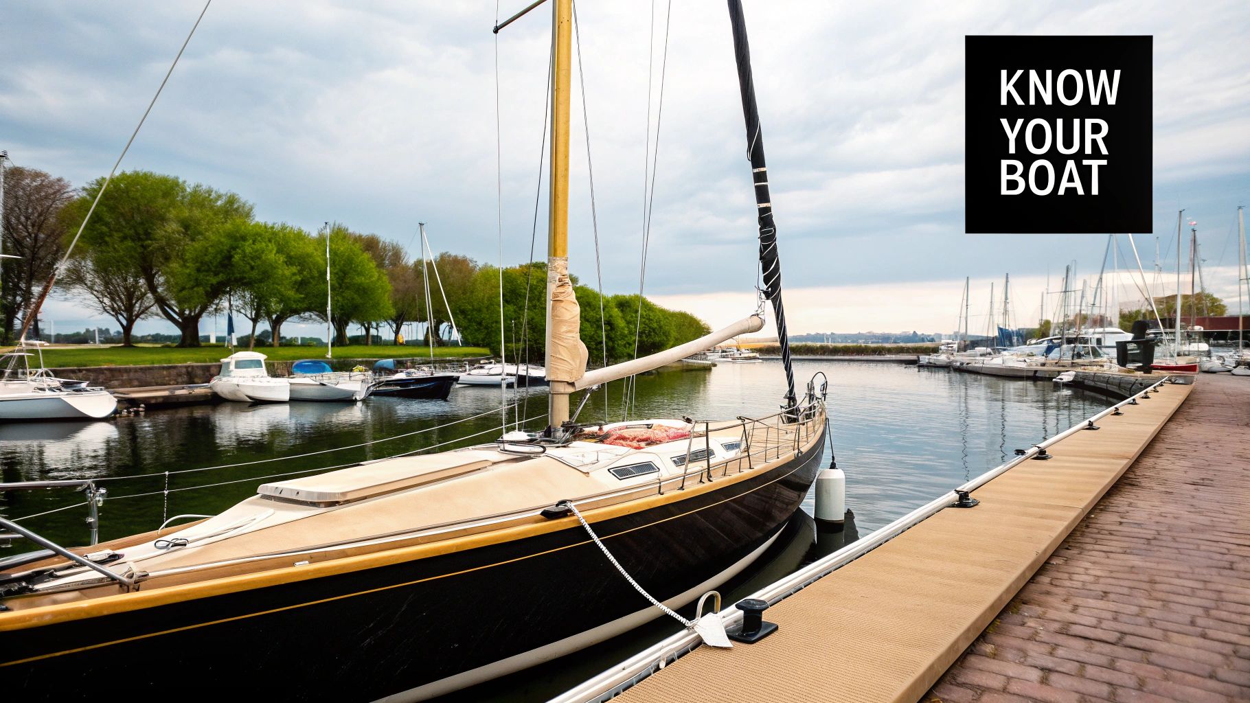 A white sailboat with its sails down, moored in a calm harbor with other boats around.
