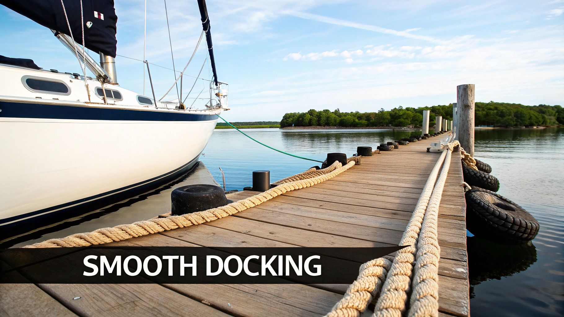 A sailboat gently tied to a wooden dock in calm water.
