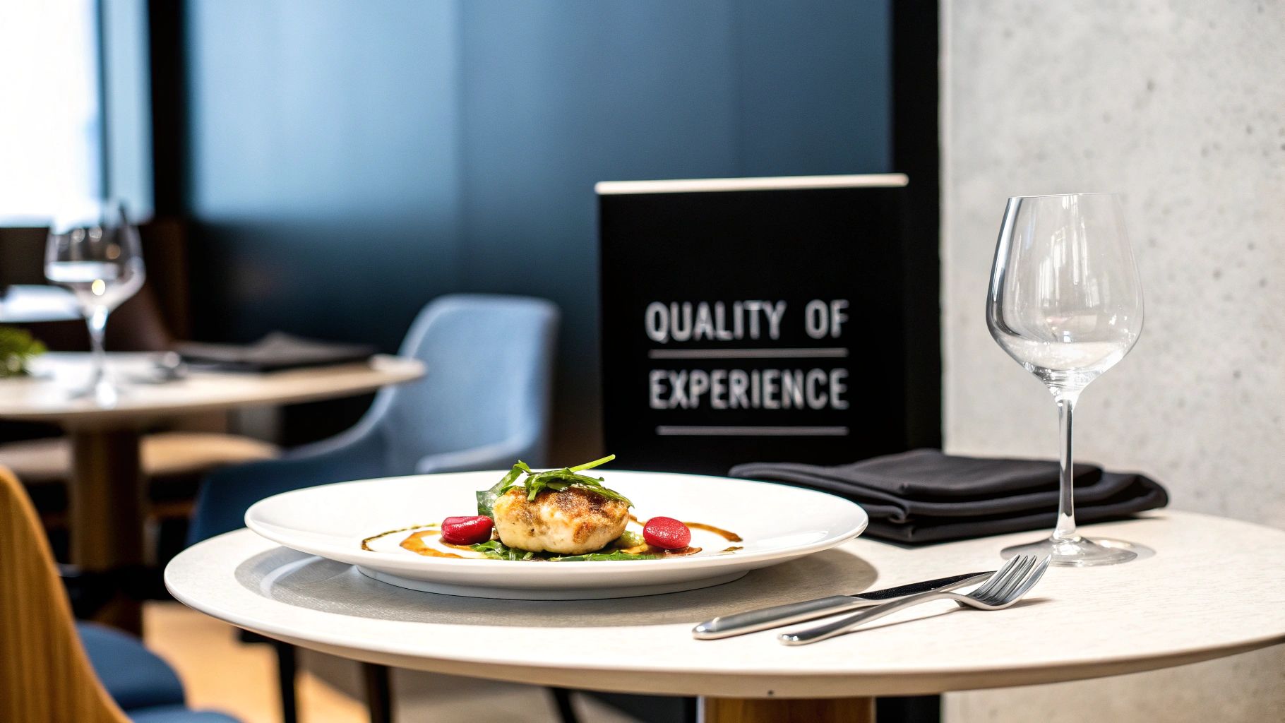 A gourmet dish on a white plate with a wine glass and cutlery on a restaurant table, signifying quality experience.