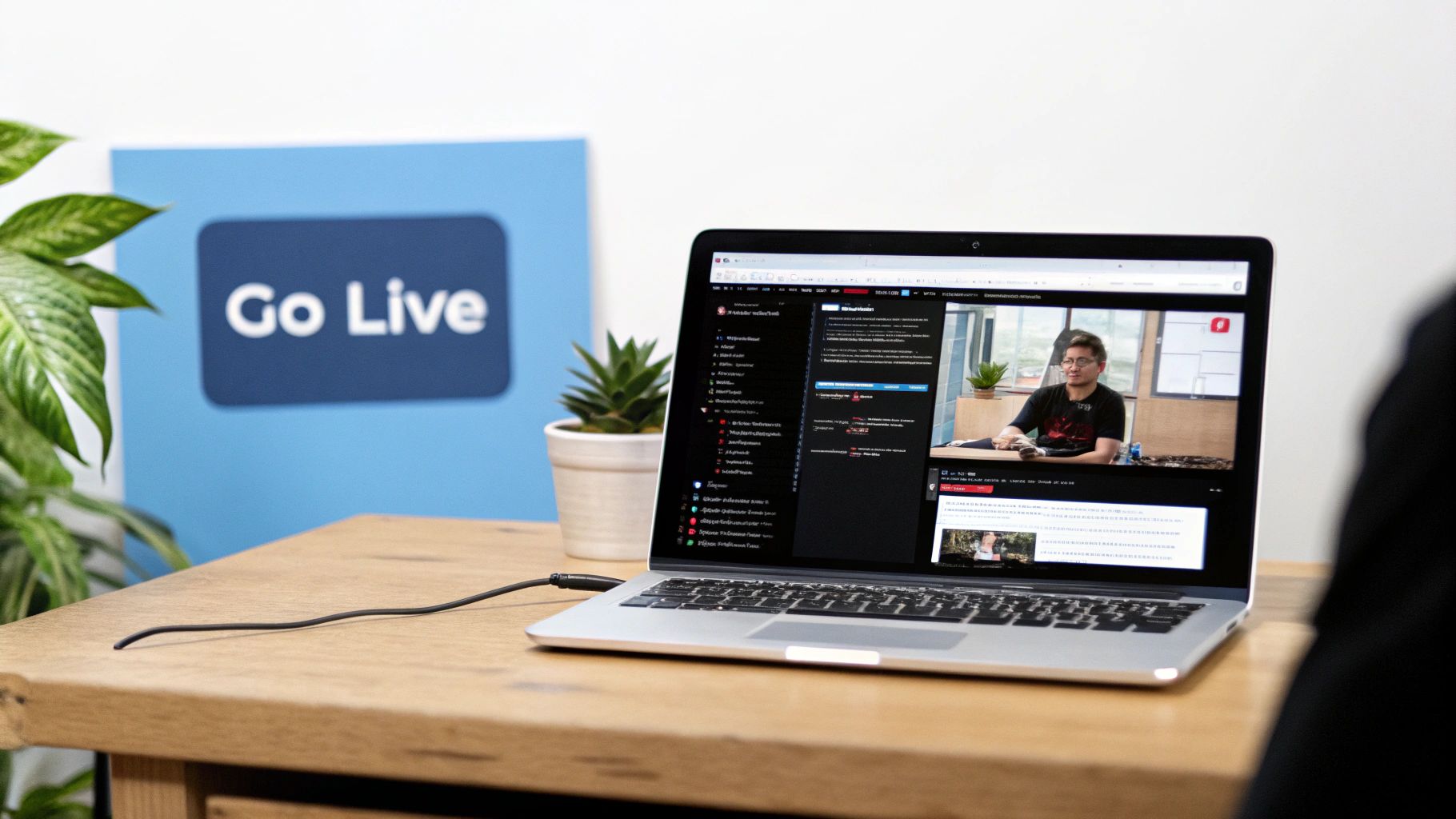 A laptop on a wooden desk displaying a live video stream, next to a 'Go Live' sign.
