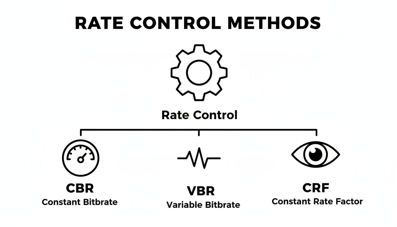 A diagram titled 'Rate Control Methods' showing three types: CBR (Constant Bitrate), VBR (Variable Bitrate), and CRF (Constant Rate Factor).