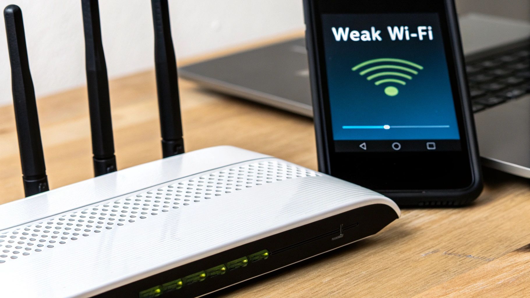 A frustrated person pointing at a laptop screen showing a buffering symbol.