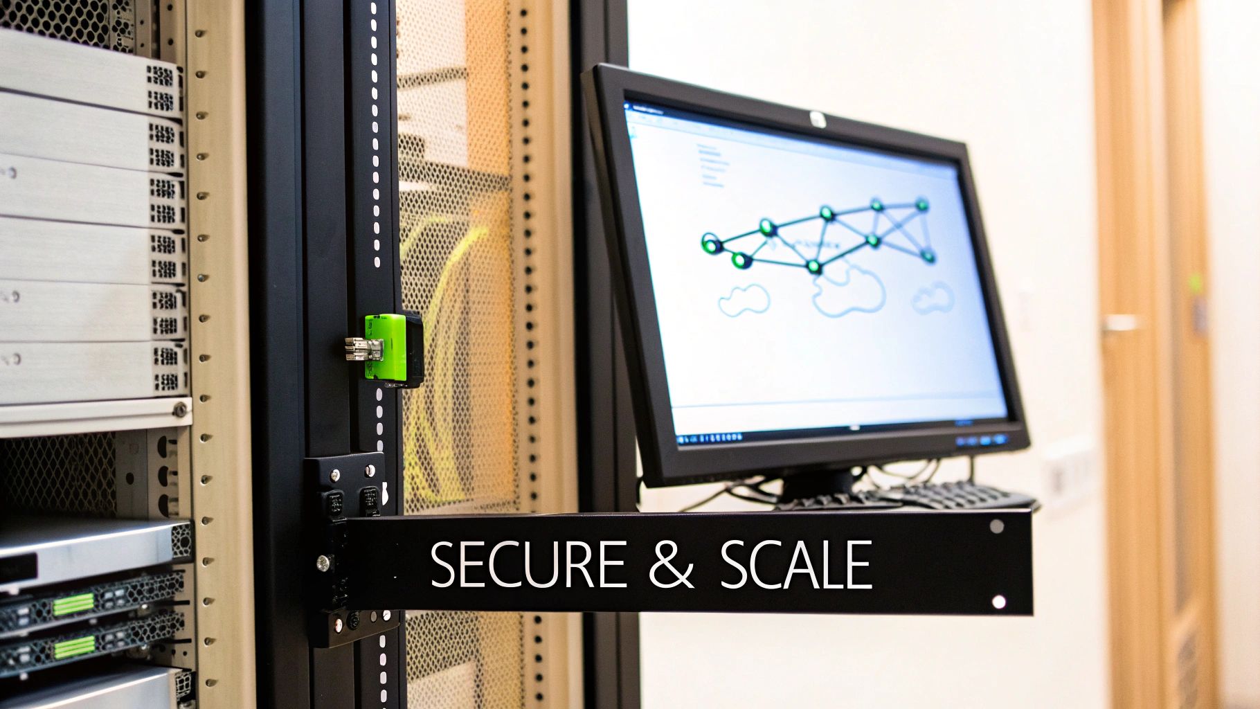 A server rack with hardware, a monitor displaying a network diagram, and a 'SECURE & SCALE' sign, emphasizing data center security.