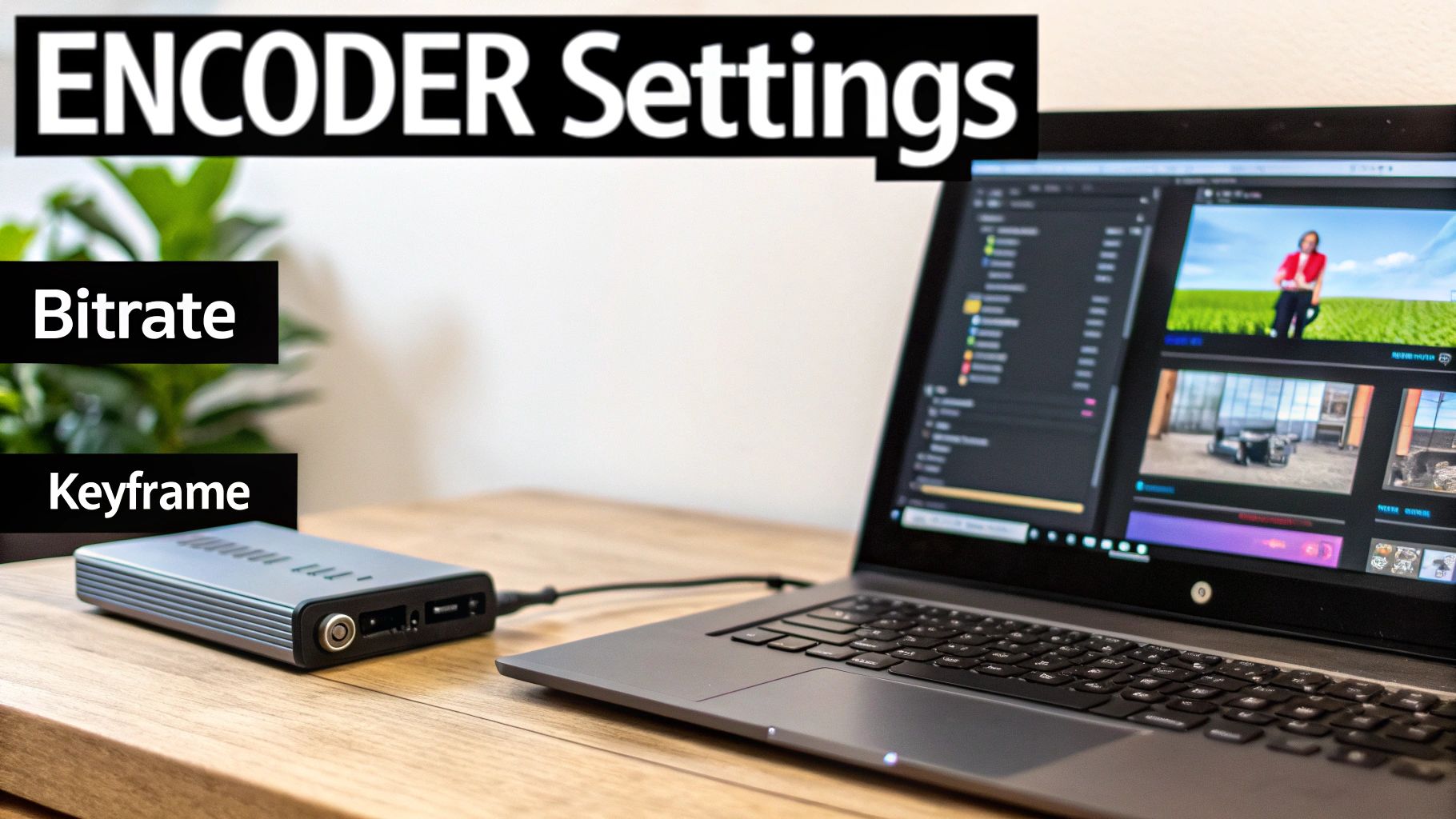 A laptop screen displays video encoder settings, including sections for Bitrate and Keyframe, next to an external device.