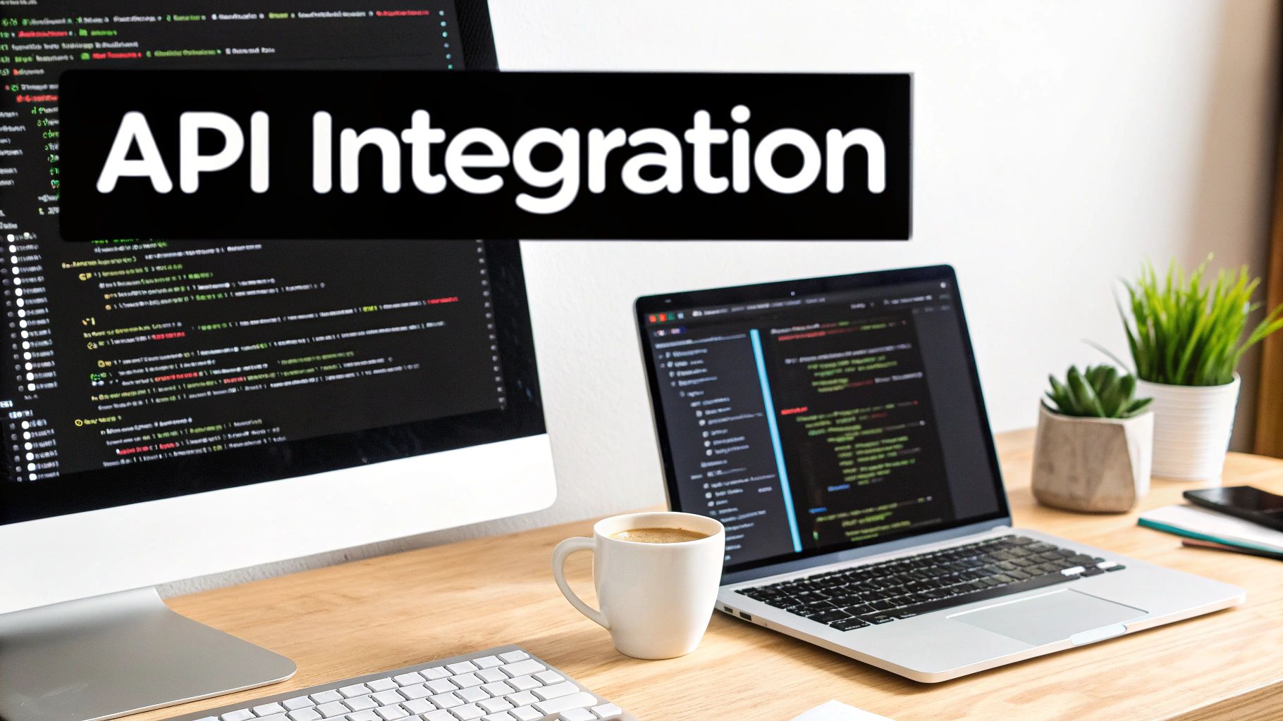 A desk with two computer screens showing code, a laptop, coffee, and plants, with an 'API Integration' banner.