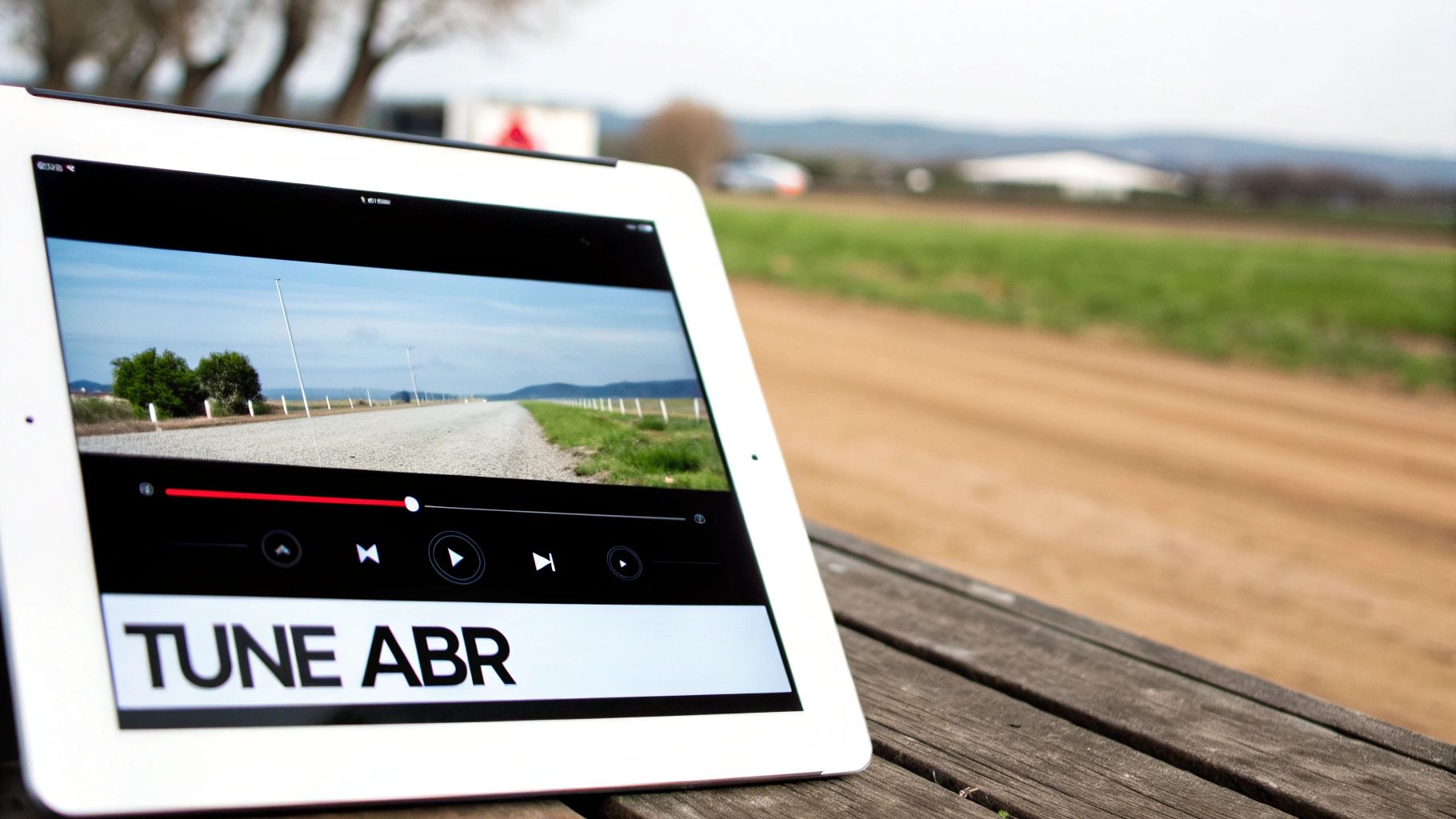 Tablet displaying video player with road scene on wooden bench outdoors in countryside setting