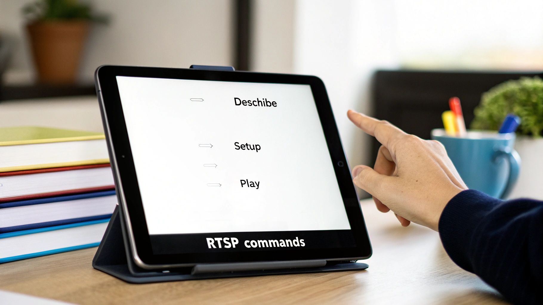 A hand points at a tablet displaying "RTSP commands" with "Describe, Setup, Play" listed, on a desk with books.