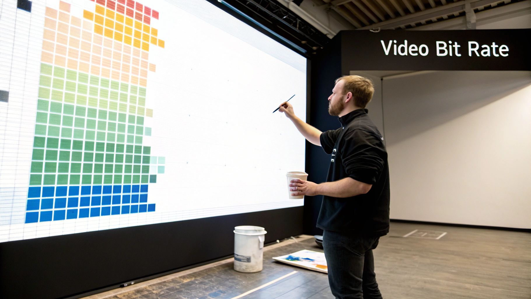 A man paints on a large interactive screen displaying colorful squares and 'Video Bit Rate' text.