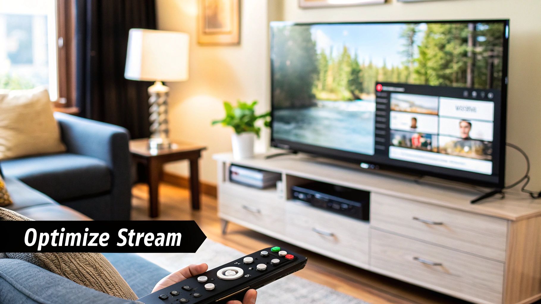 A person's hand holding a remote control pointed at a smart TV.