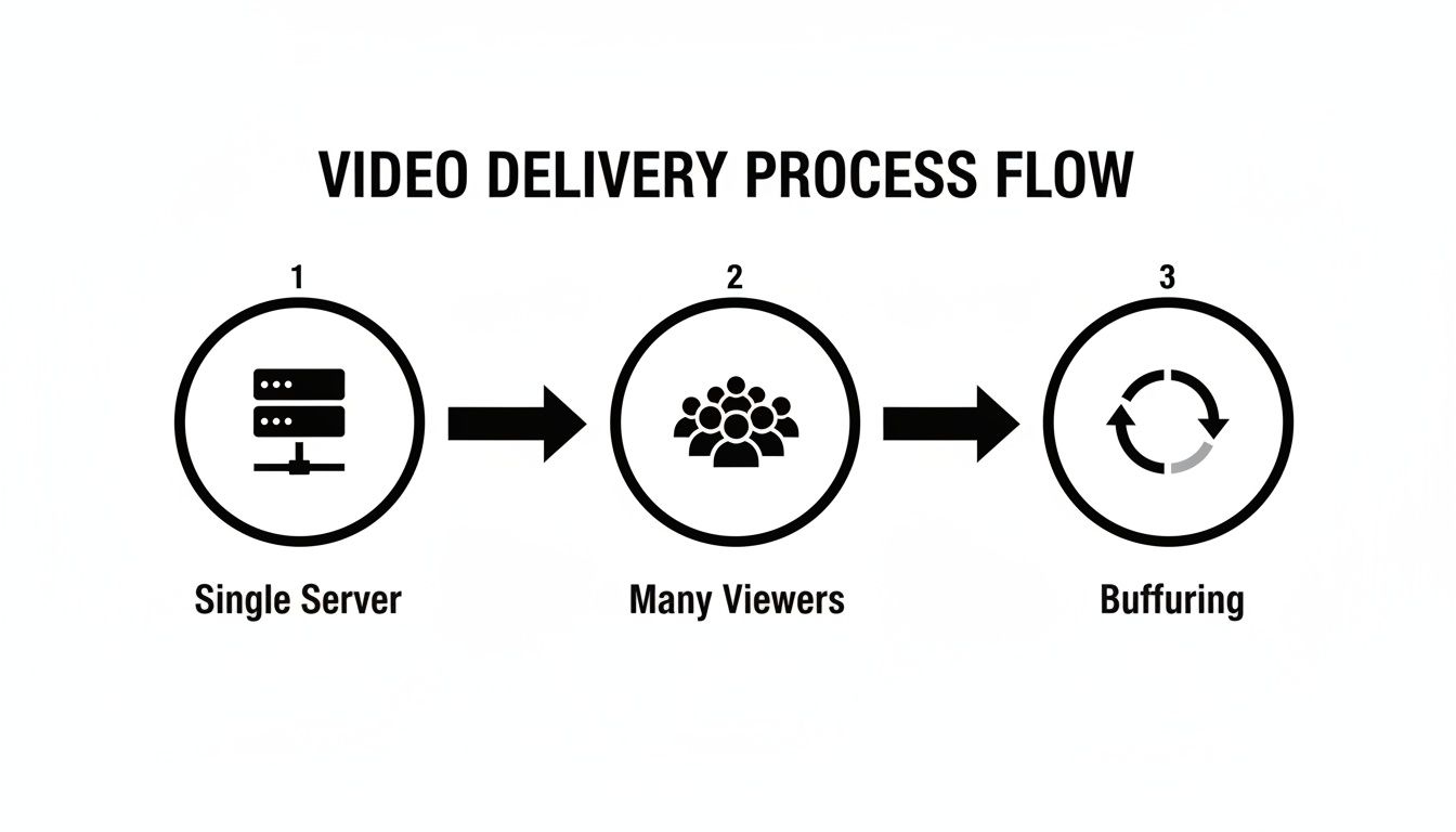 Video delivery process flow diagram: a single server streams to many viewers, leading to buffering.