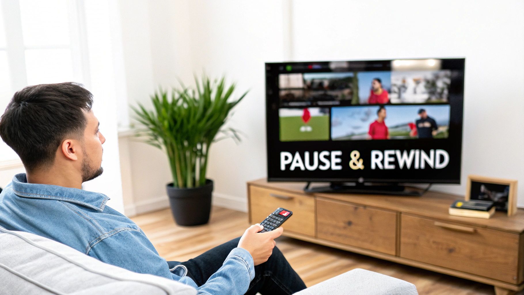 A man on a couch holds a remote, watching a TV displaying 'PAUSE & REWIND' text.