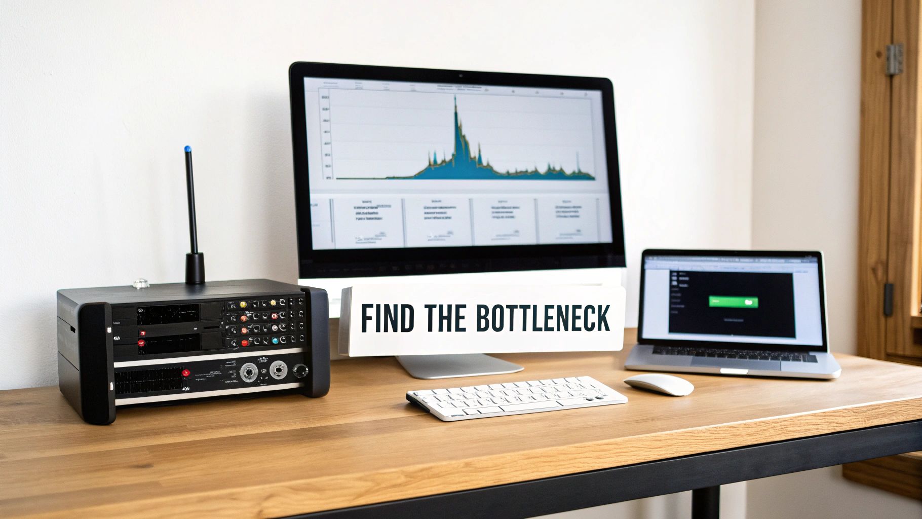 Technical workstation with monitoring equipment, displays showing data, and a sign asking to 'FIND THE BOTTLENECK'.