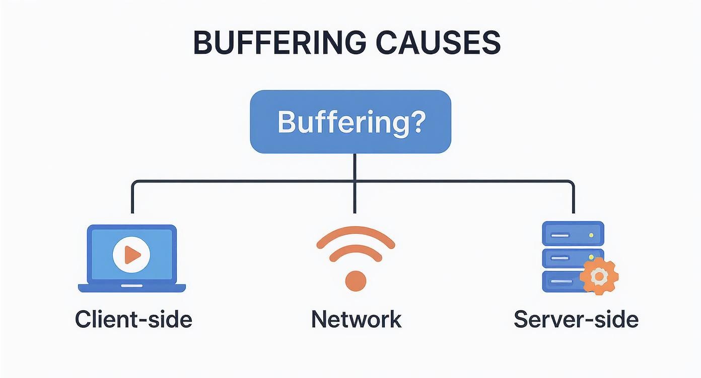 Diagram showing three main causes of buffering: client-side, network, and server-side issues