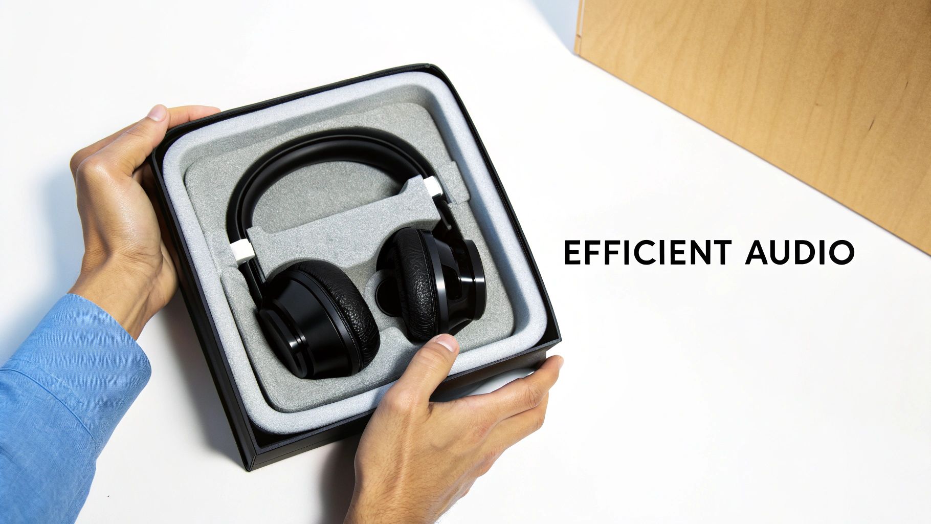 Hands holding a black box containing black headphones nestled in grey foam, with 'EFFICIENT AUDIO' text.