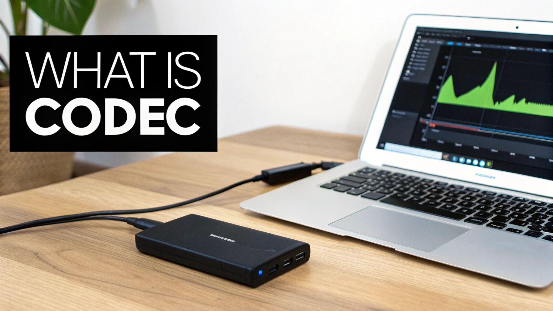 Laptop displaying audio waveform editor with external power bank on wooden desk illustrating codec technology