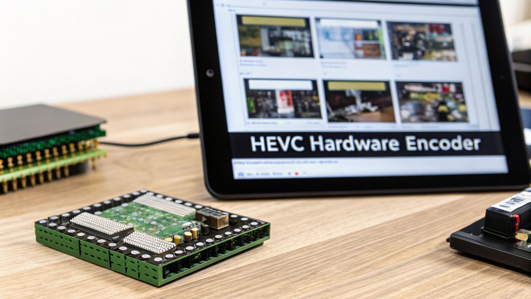 Electronic circuit boards, a tablet displaying 'HEVC Hardware Encoder', and other electronics on a wooden desk.