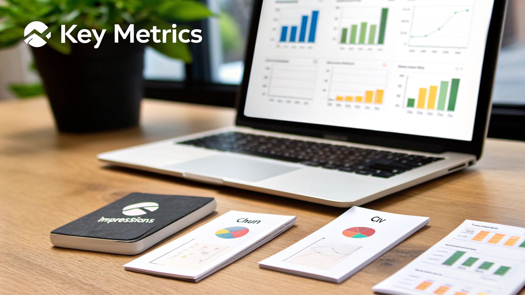 A laptop screen displays various business data charts and graphs on a desk with notebooks.