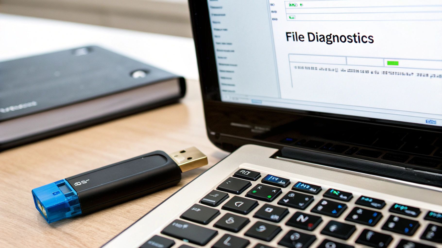 A USB flash drive rests on a wooden desk next to a laptop displaying file diagnostics.
