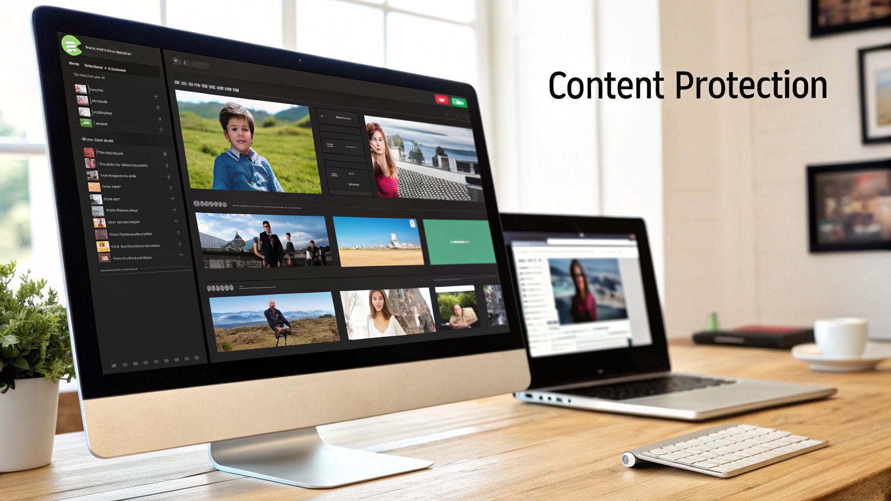 A secure video player interface with a watermark applied.