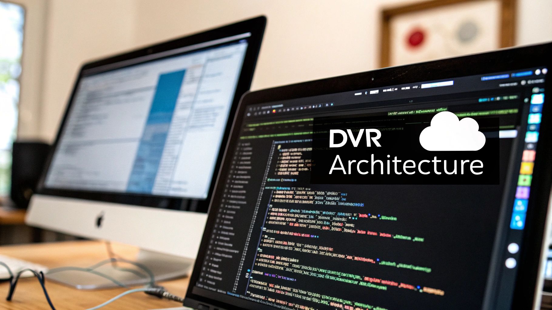 Laptop displaying code with 'DVR Architecture' overlay and an iMac screen showing data on a desk.