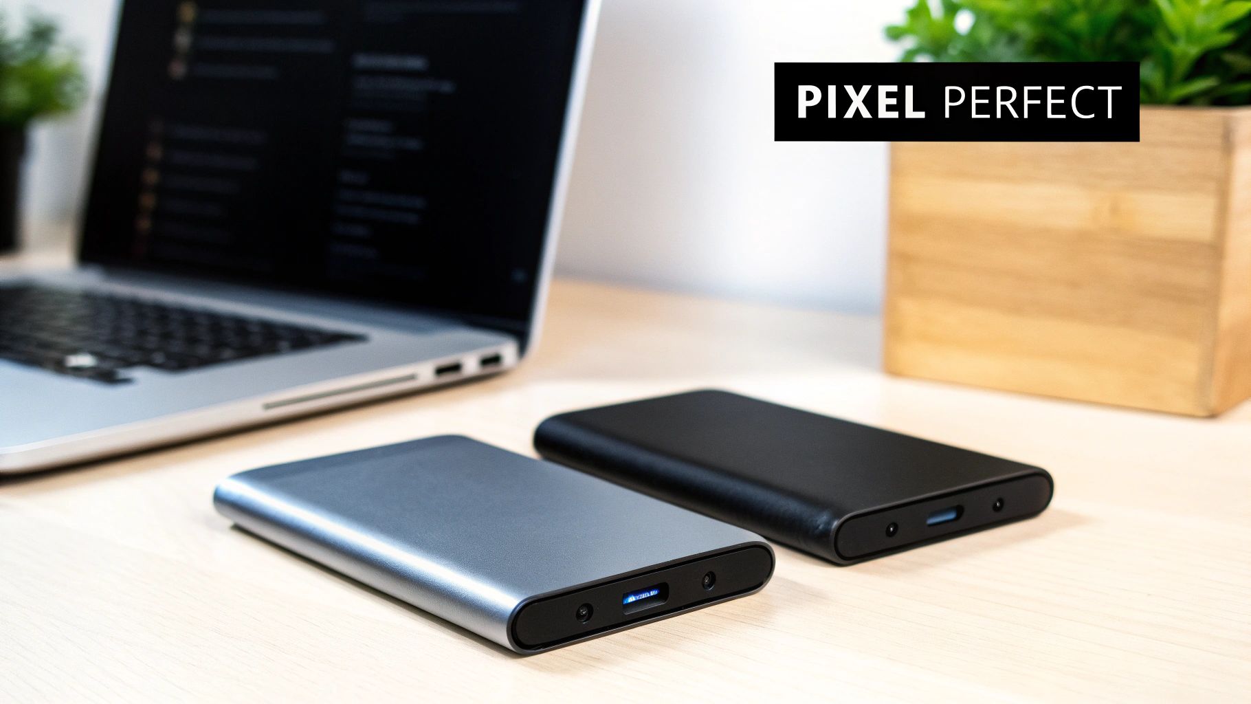 Silver and black external drives with blue USB ports on a desk with a laptop.