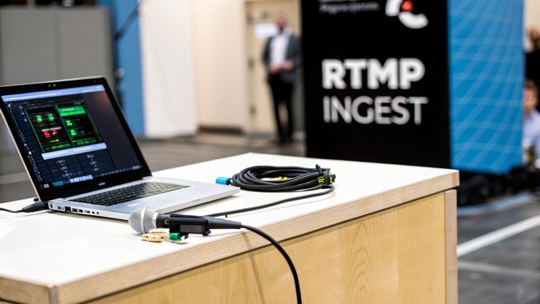 A laptop with streaming software, microphone, and coiled cables on a table in front of an 'RTMP INGEST' banner.