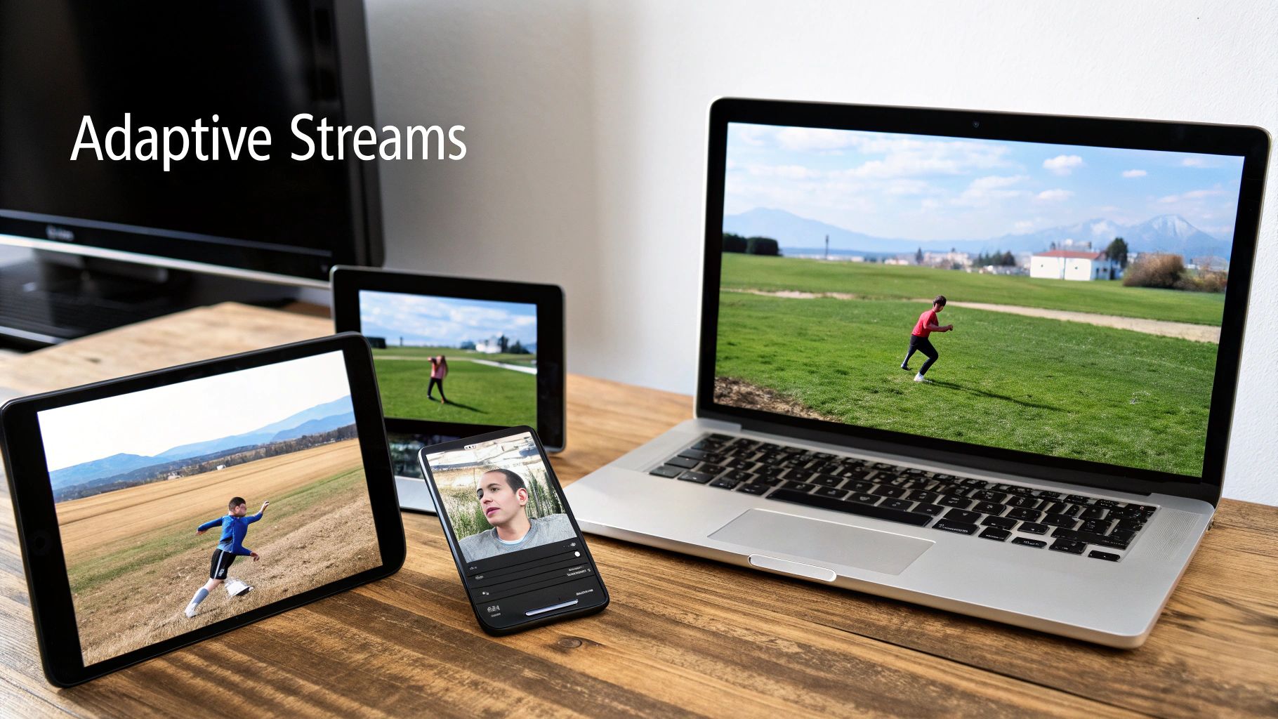 Digital devices (laptop, tablet, phone) showing adaptive video streams on a wooden table.