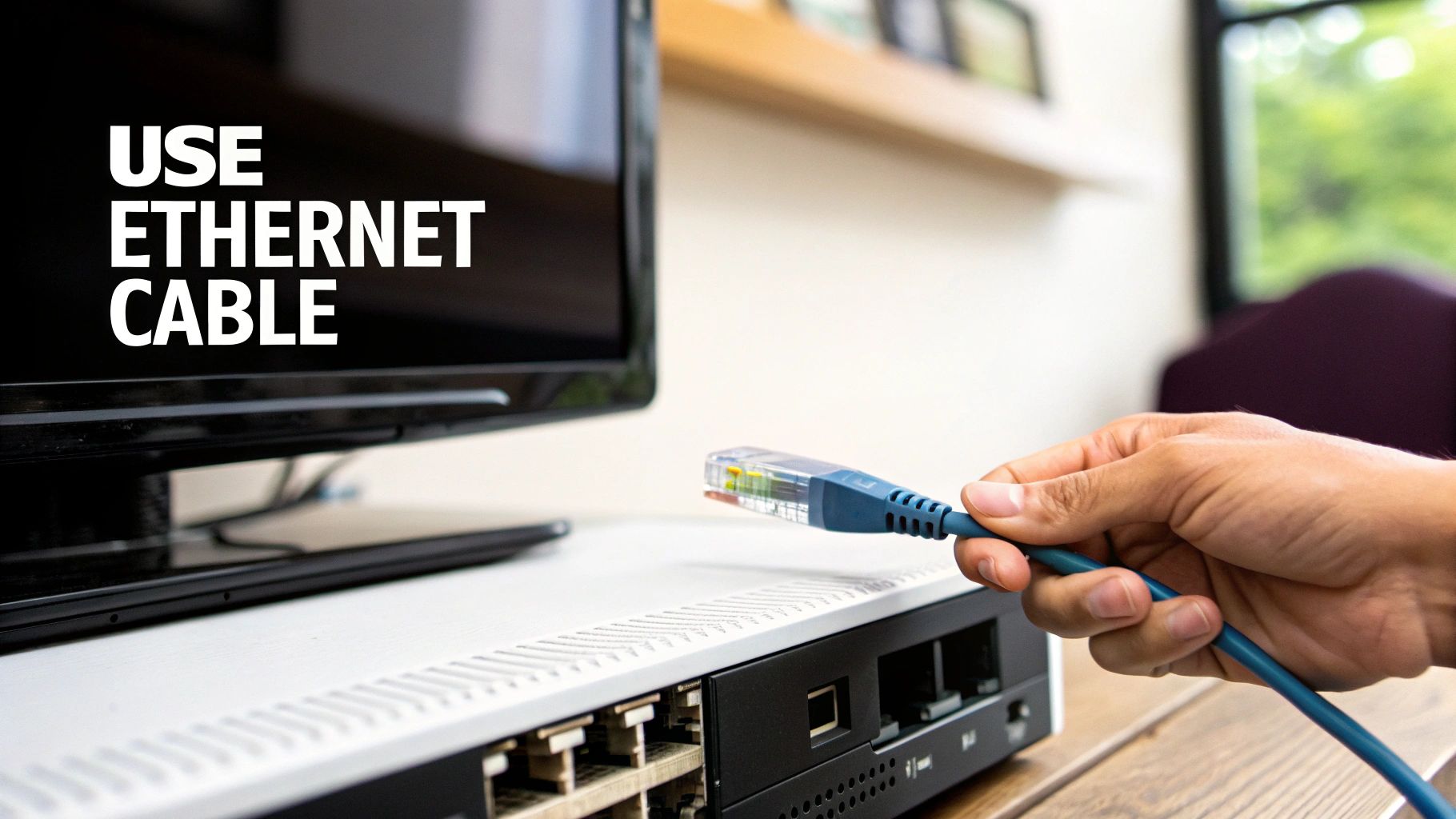 A person connecting an ethernet cable to their laptop for a better streaming experience.