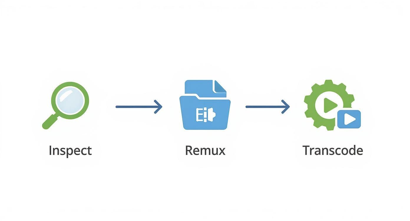 Diagram illustrating the workflow of Inspect, Remux, and Transcode processes for media files.