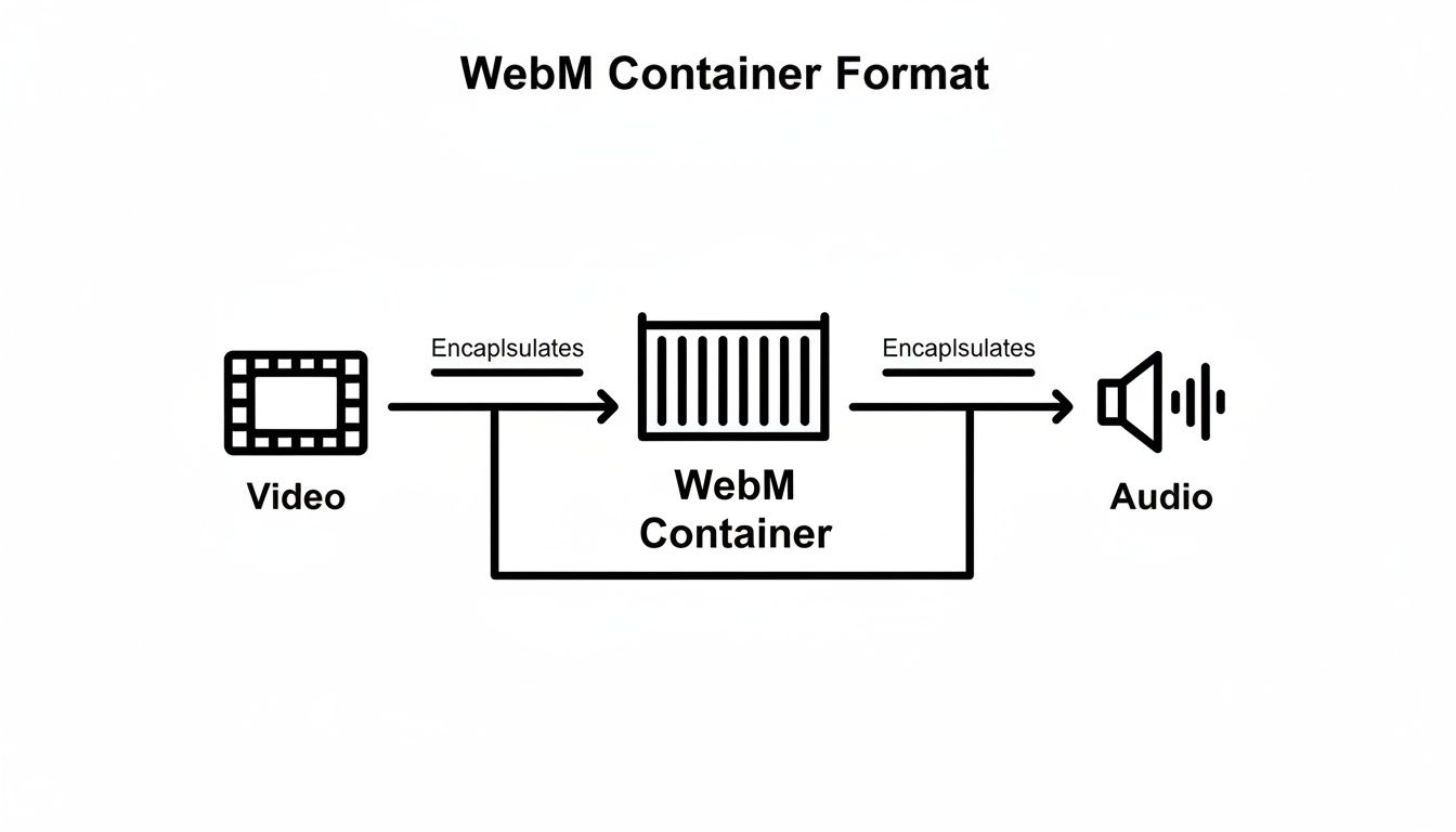 Diagram illustrating WebM container format, showing it encapsulates both video and audio streams.