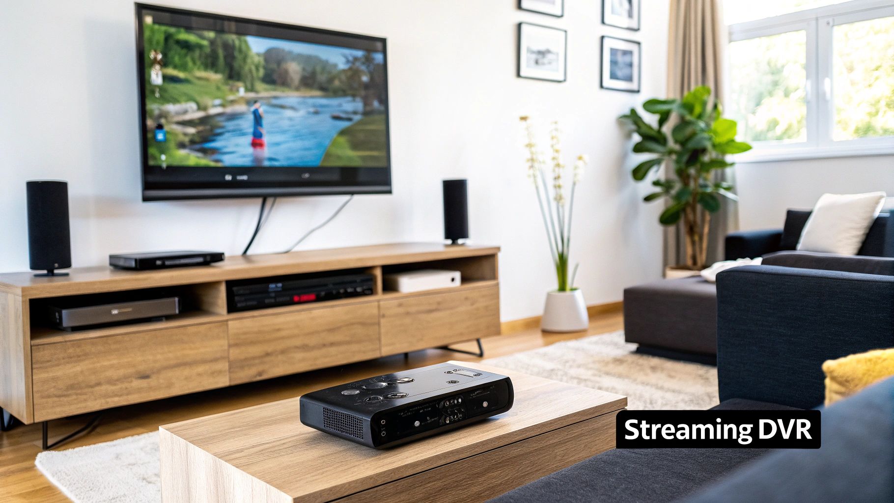 A person watching a sports game on a tablet with a play/pause interface, demonstrating the control DVR offers.