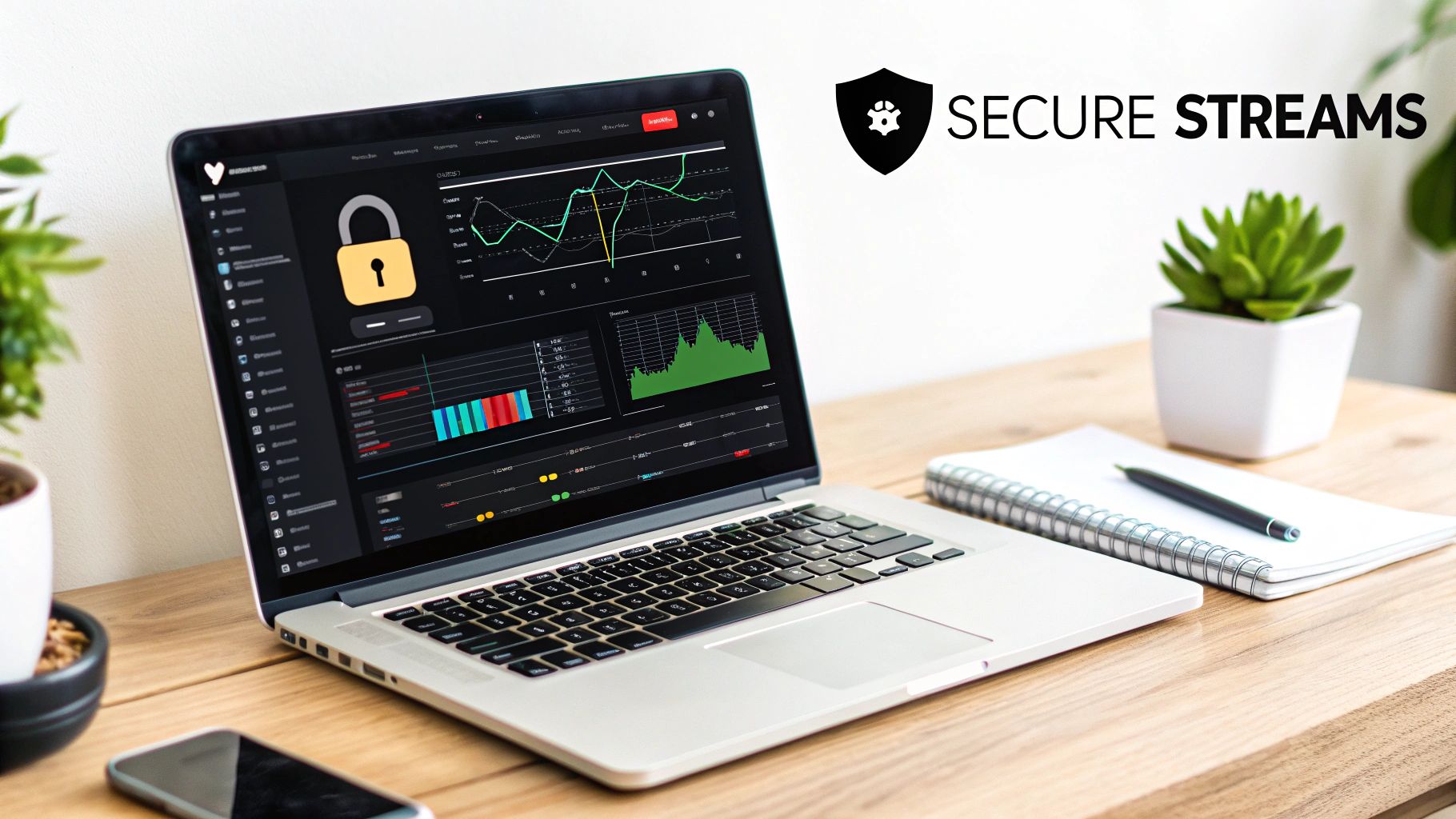 A laptop displaying a security dashboard with graphs and a padlock icon on a wooden desk with office items.