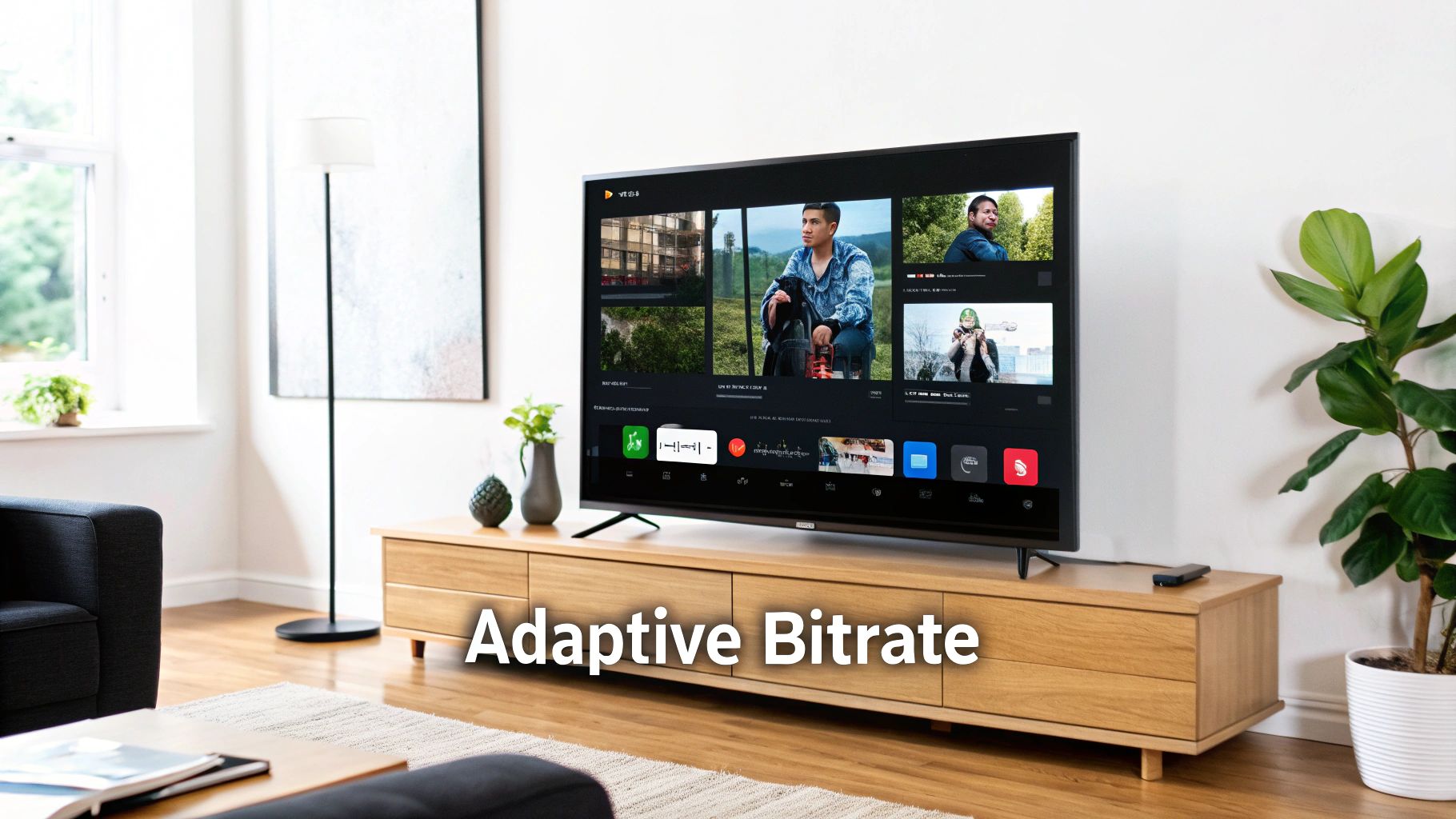 Modern smart TV displaying adaptive bitrate streaming interface with multiple video thumbnails on wooden entertainment center