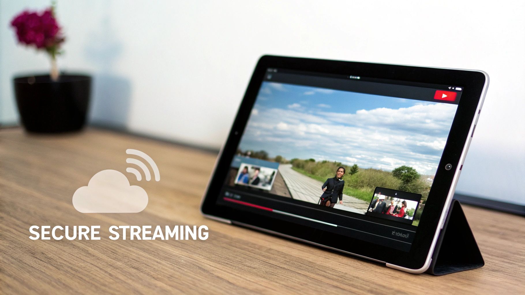Tablet displaying secure video streaming content on wooden desk with cloud connectivity icon