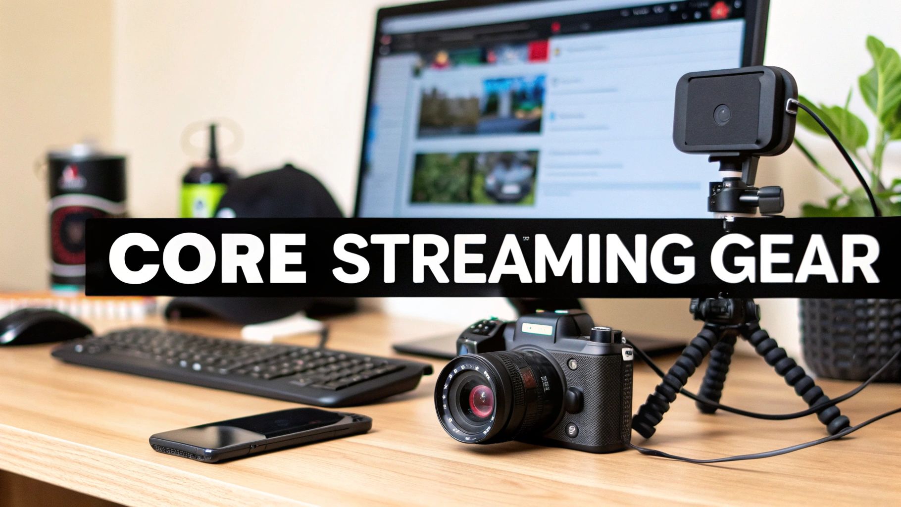 An organized live streaming setup with a professional camera,microphone,and lighting.