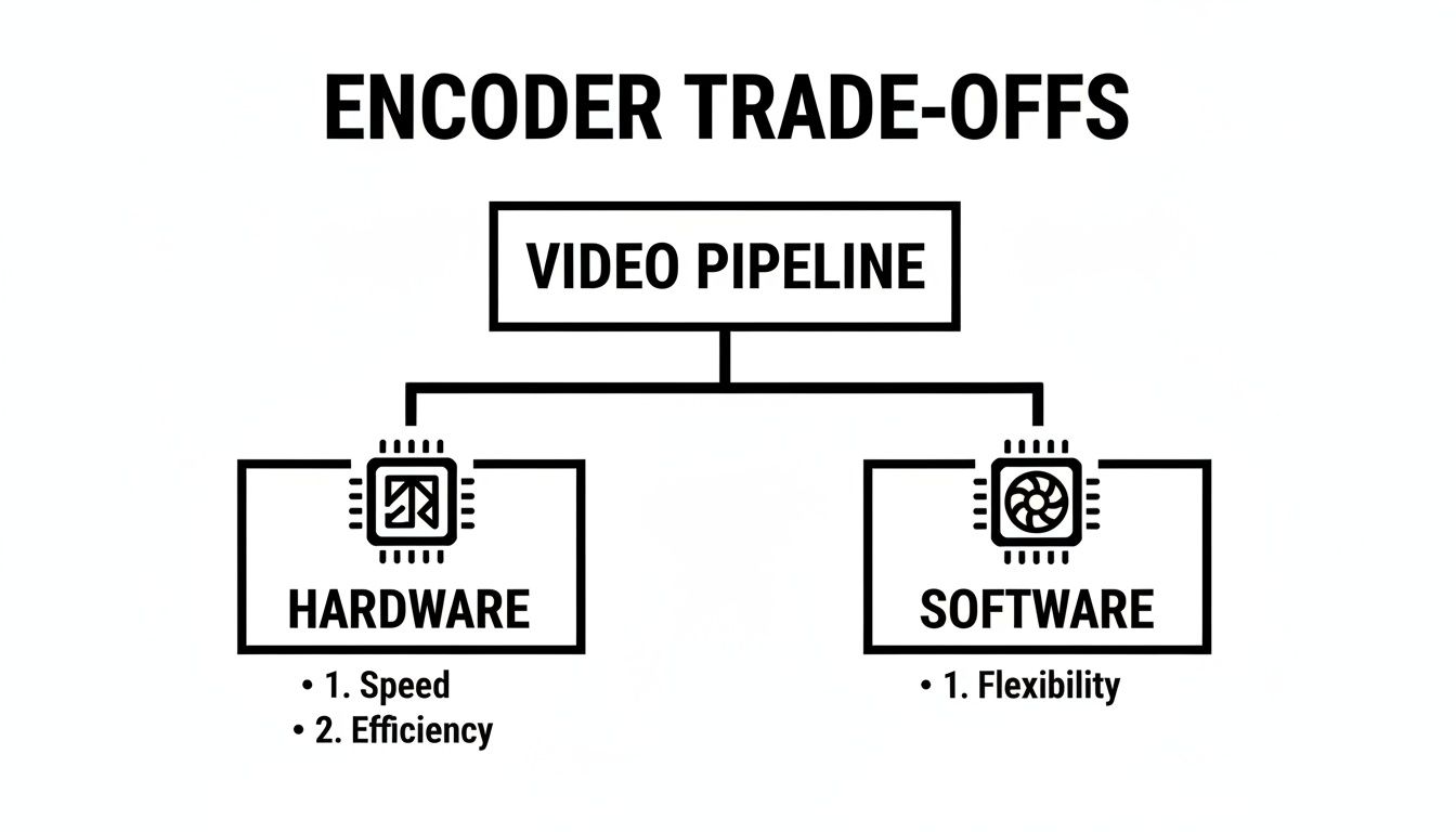 Diagram showing encoder trade-offs for video pipeline, comparing hardware (speed, efficiency) and software (flexibility).
