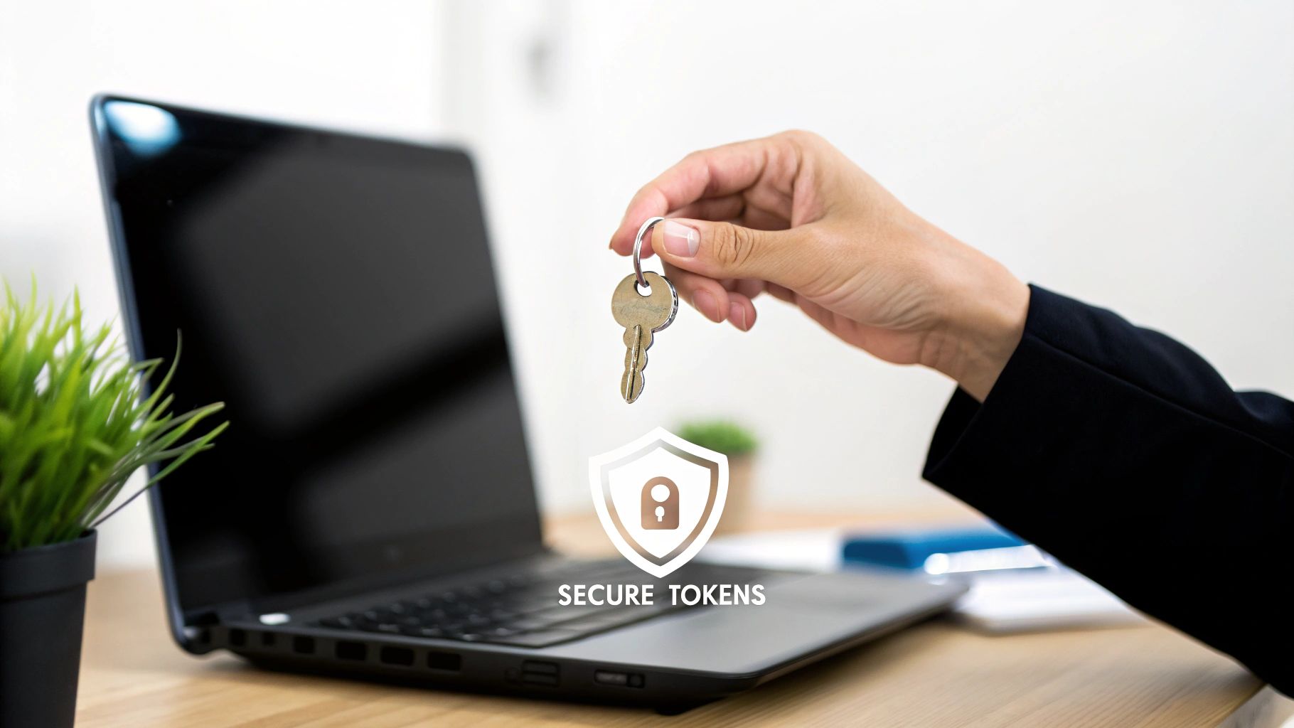 Hand holding keys with secure tokens shield icon and laptop representing authentication security