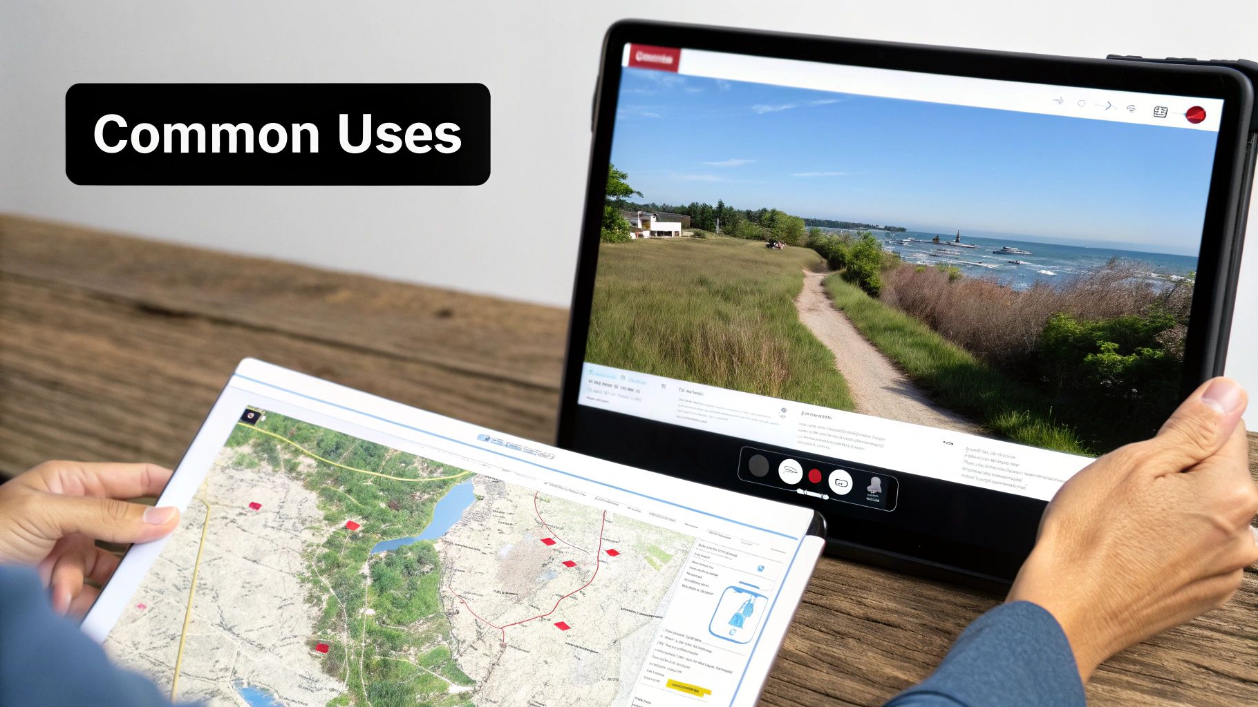 A person happily engaging with a website on a tablet, which is displaying dynamic, embedded content like videos and interactive maps, symbolizing increased user engagement.