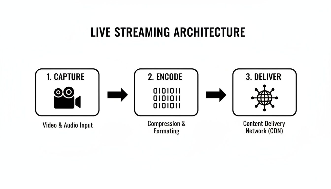 Diagram illustrating the three-step live streaming architecture process: capture, encode, and deliver.