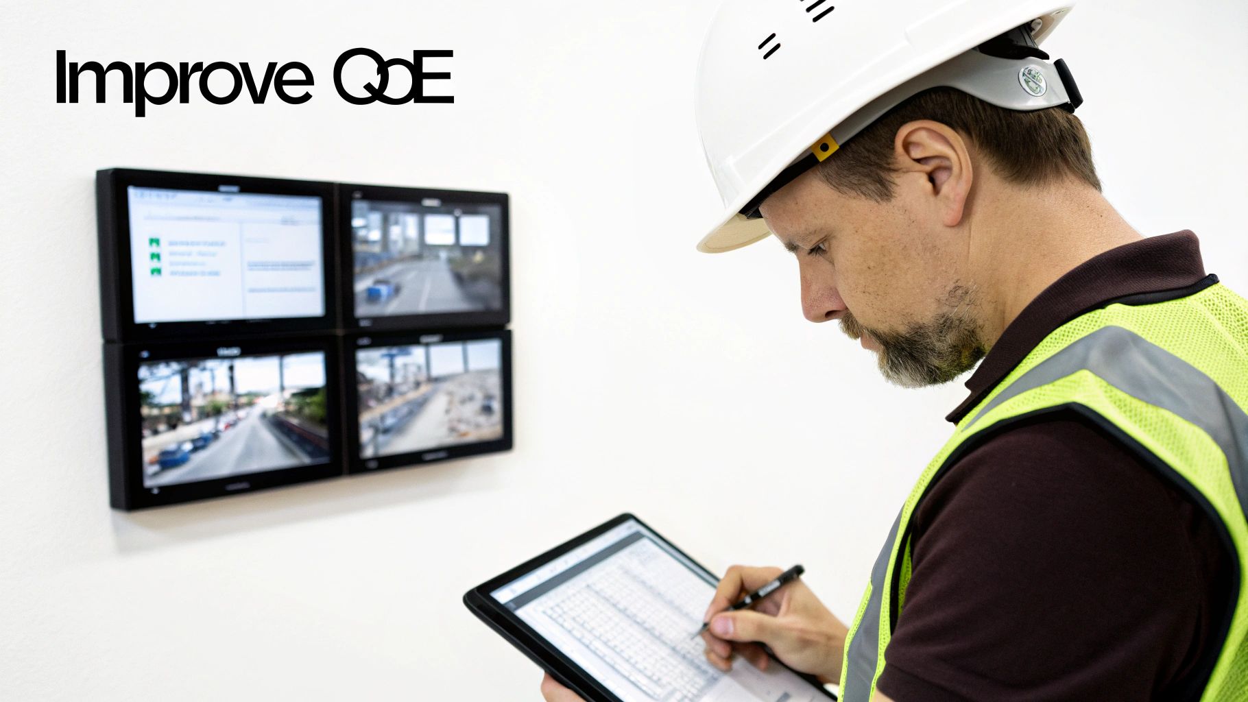 Man in hard hat and safety vest analyzing data on a tablet with surveillance screens in background.