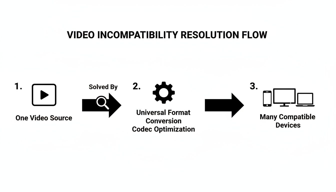 Flowchart illustrating video incompatibility resolution through universal format conversion and codec optimization for multiple devices.