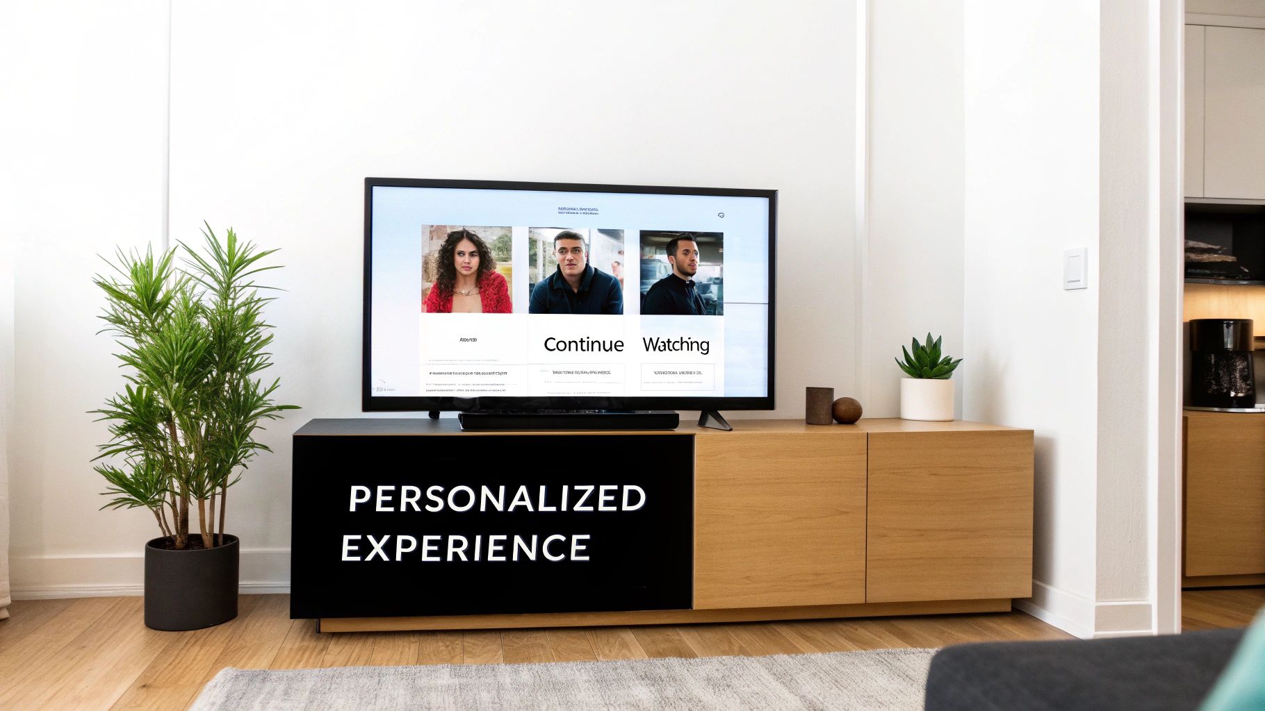 A person relaxing on a couch, holding a remote and browsing a streaming service on a large TV screen, with a clean and modern user interface visible.