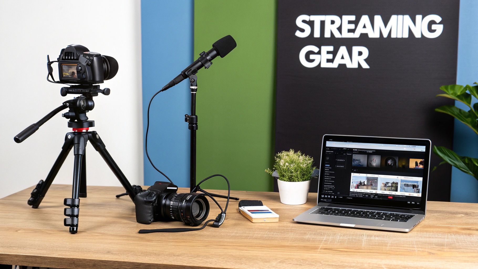 A complete live streaming setup with cameras, microphone, and a laptop on a wooden desk.