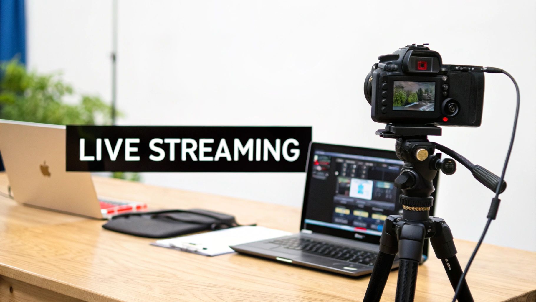 An image of a live streaming setup with cameras and lighting