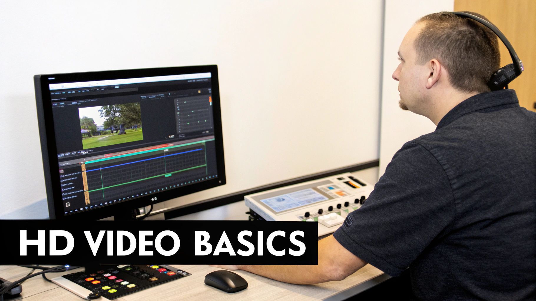 A person editing video on a computer, representing the process of encoding HD video.