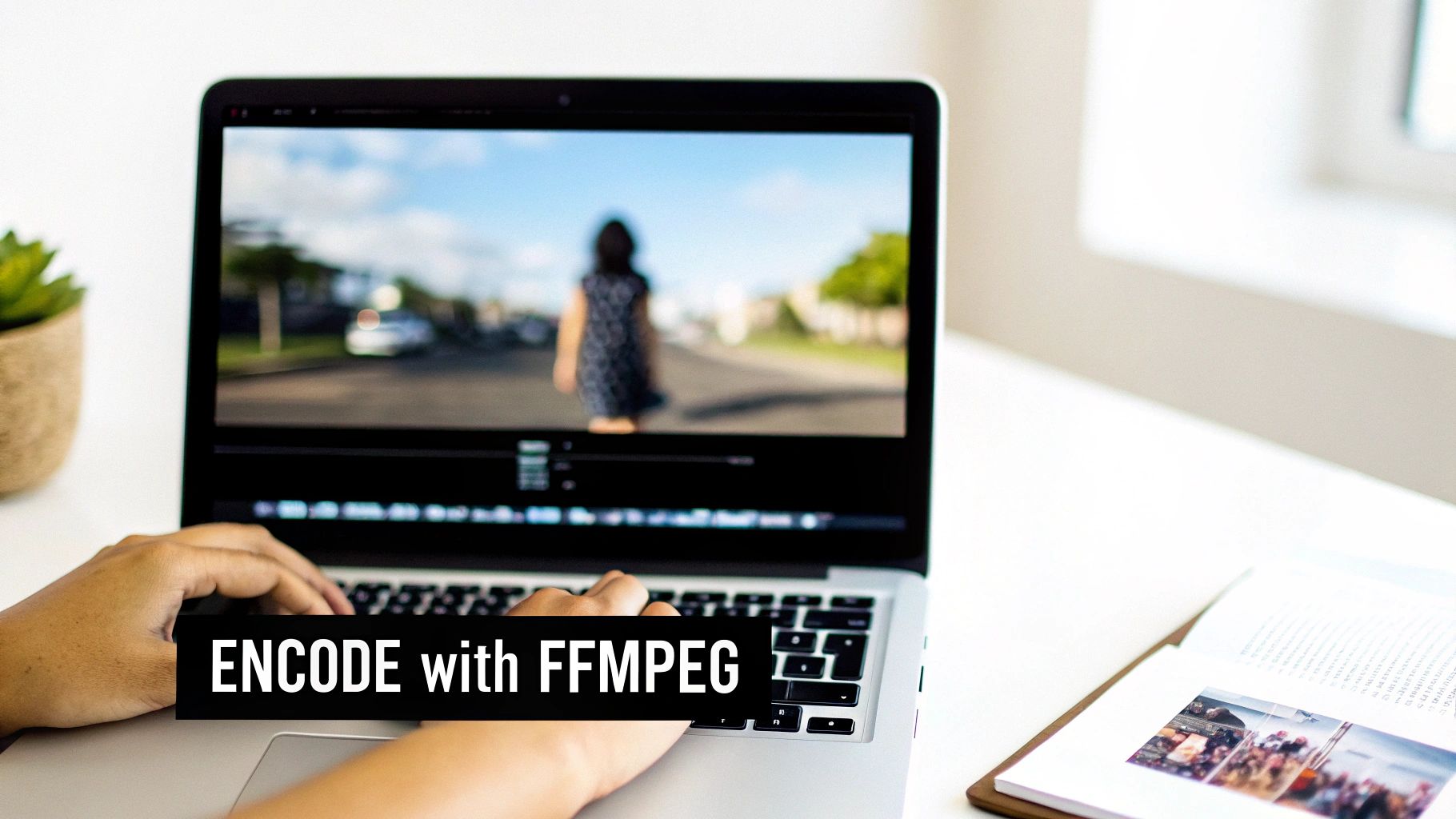 Hands typing on a laptop displaying a video of a person walking, with 'ENCODE with FFMPEG' text overlay.
