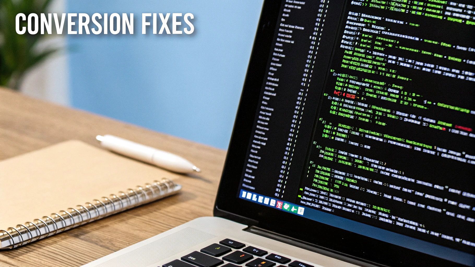 A laptop screen displays lines of code, with a notebook and pen on a wooden desk.