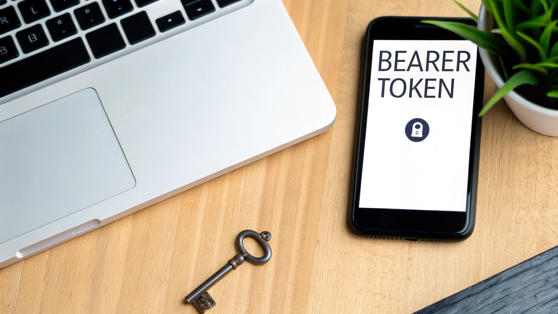 Smartphone displaying bearer token text with lock icon beside laptop and antique key on wooden desk